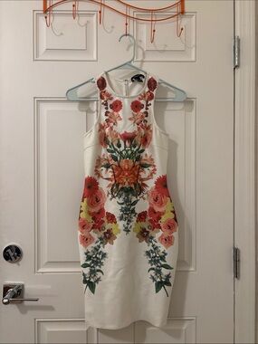 Forever 21 White Midi Dress with Pink, Red & Green Floral Design